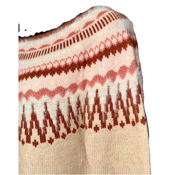 Sundance Fair Isle Medium Cotton Wool Sweater Cream Pink Brown Fuzzy Wide Neck - Picture 2 of 6
